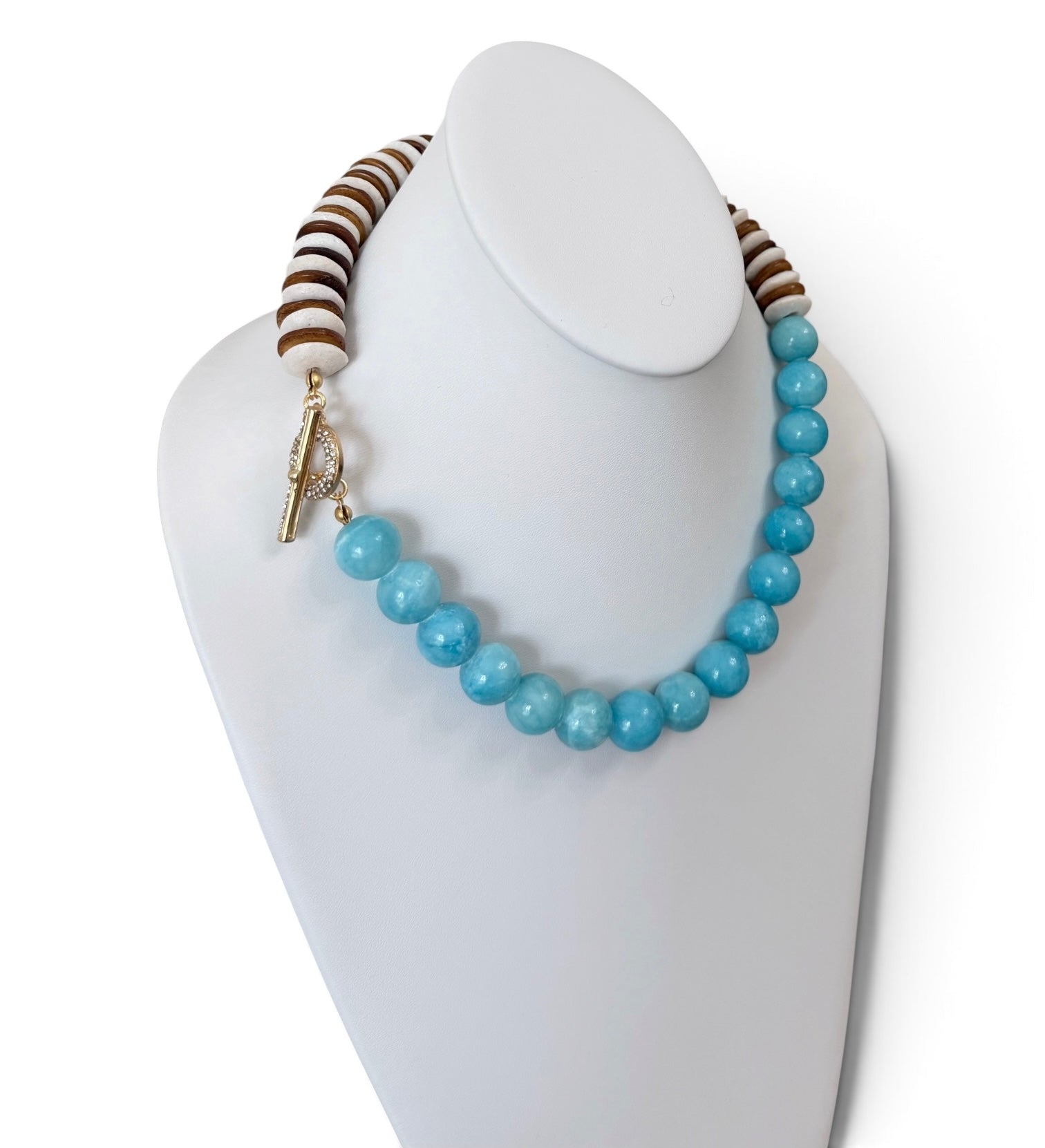 Sky & Timber Necklace: Ashanti glass, wood, and Jade with gold pavé clasp