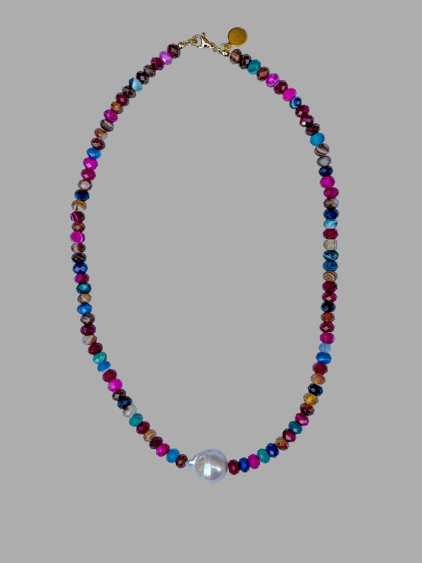 Jewel Toned Jen Necklace: African Mixed Banded Agate Diamond-Cut Beads with a Baroque Pearl Centerpiece