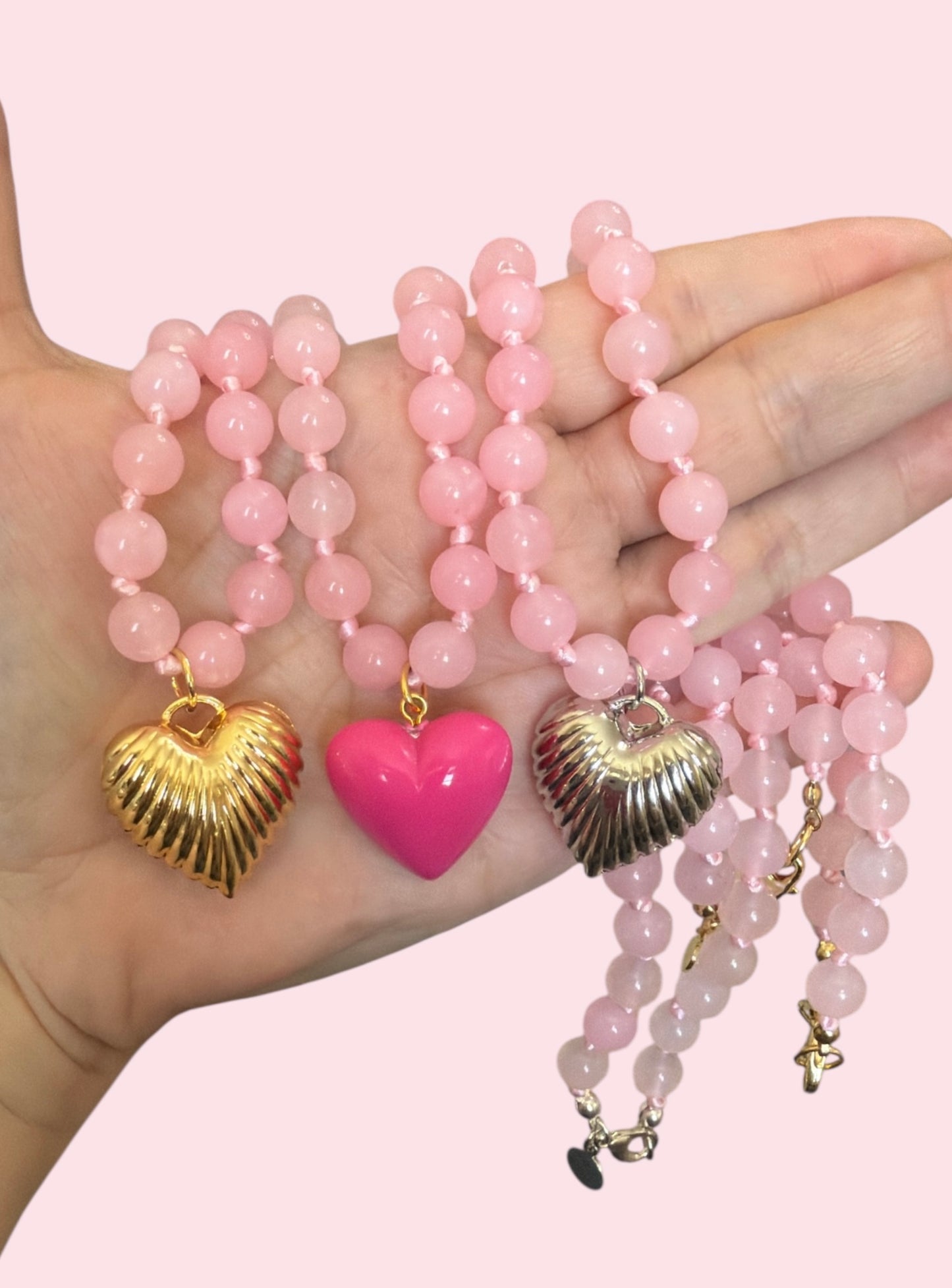 La Vie en Rose necklace: Rose Quartz round beads with choice of Heart pendant