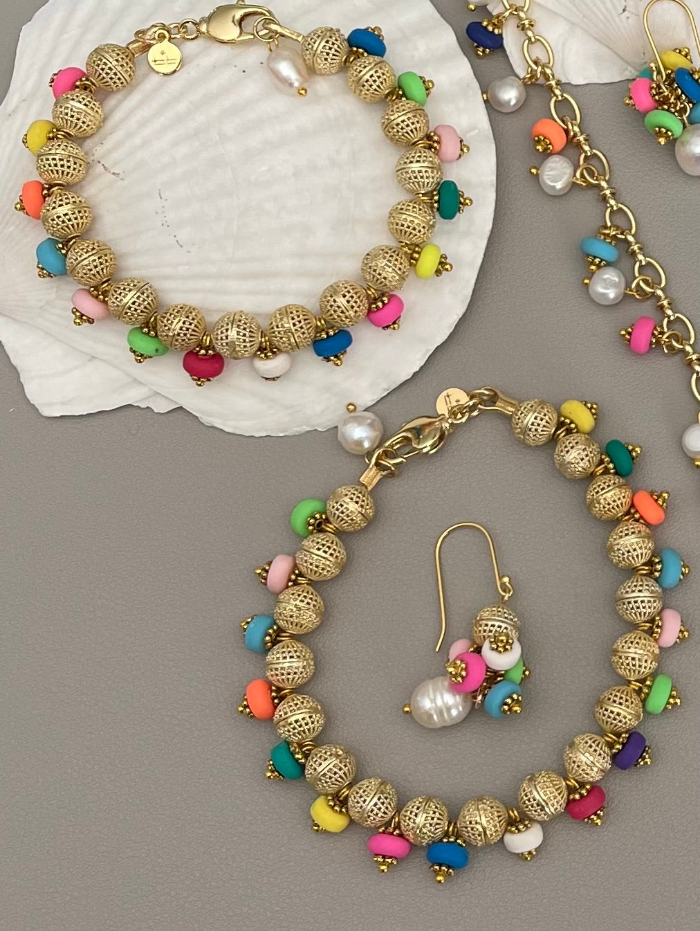 Paradise Island Bracelet: 14k Gold plated textured beads w multicolor polymer clay charms Freshwater Pearl charm on a gold filled clasp