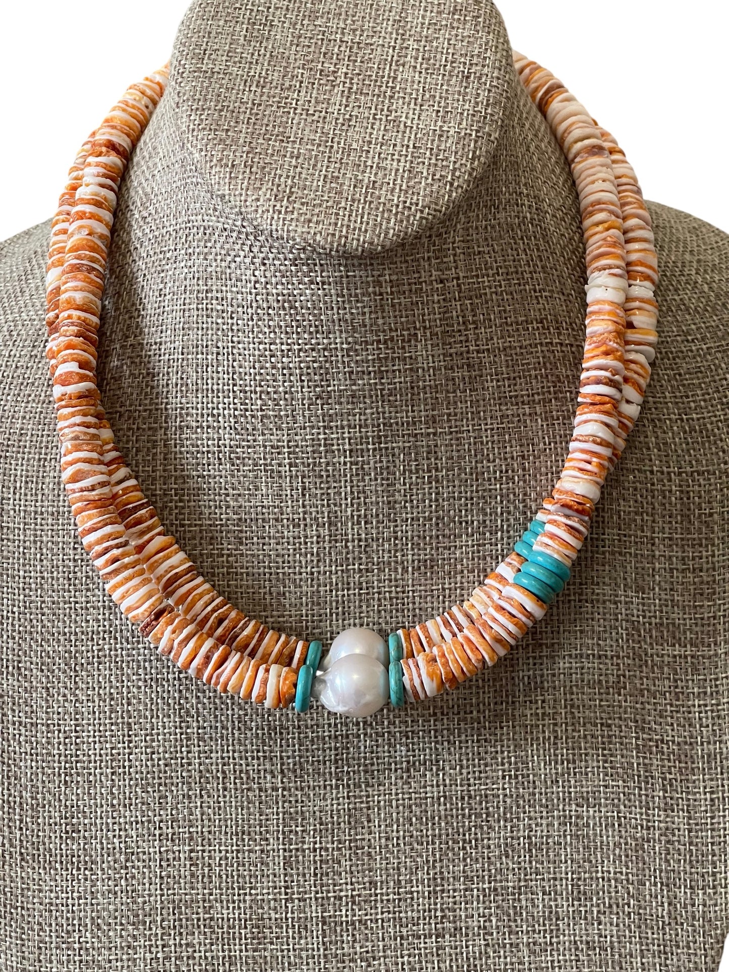 Baja Surf Necklace: Spiny Oyster Shell w Tuquoise (Howlite) and a Baroque Pearl Gold or Silver Clasp