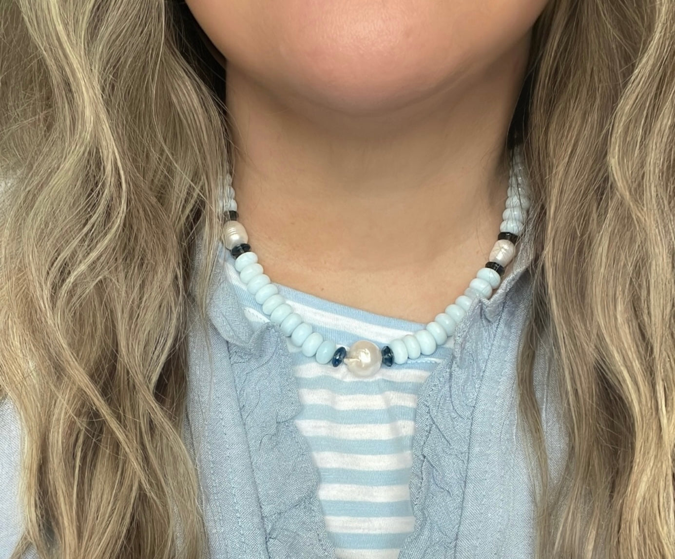 Coastal Charm Necklace OOAK: Pale blue opals AAA quality pearls London blue topaz Brushed silver clasp