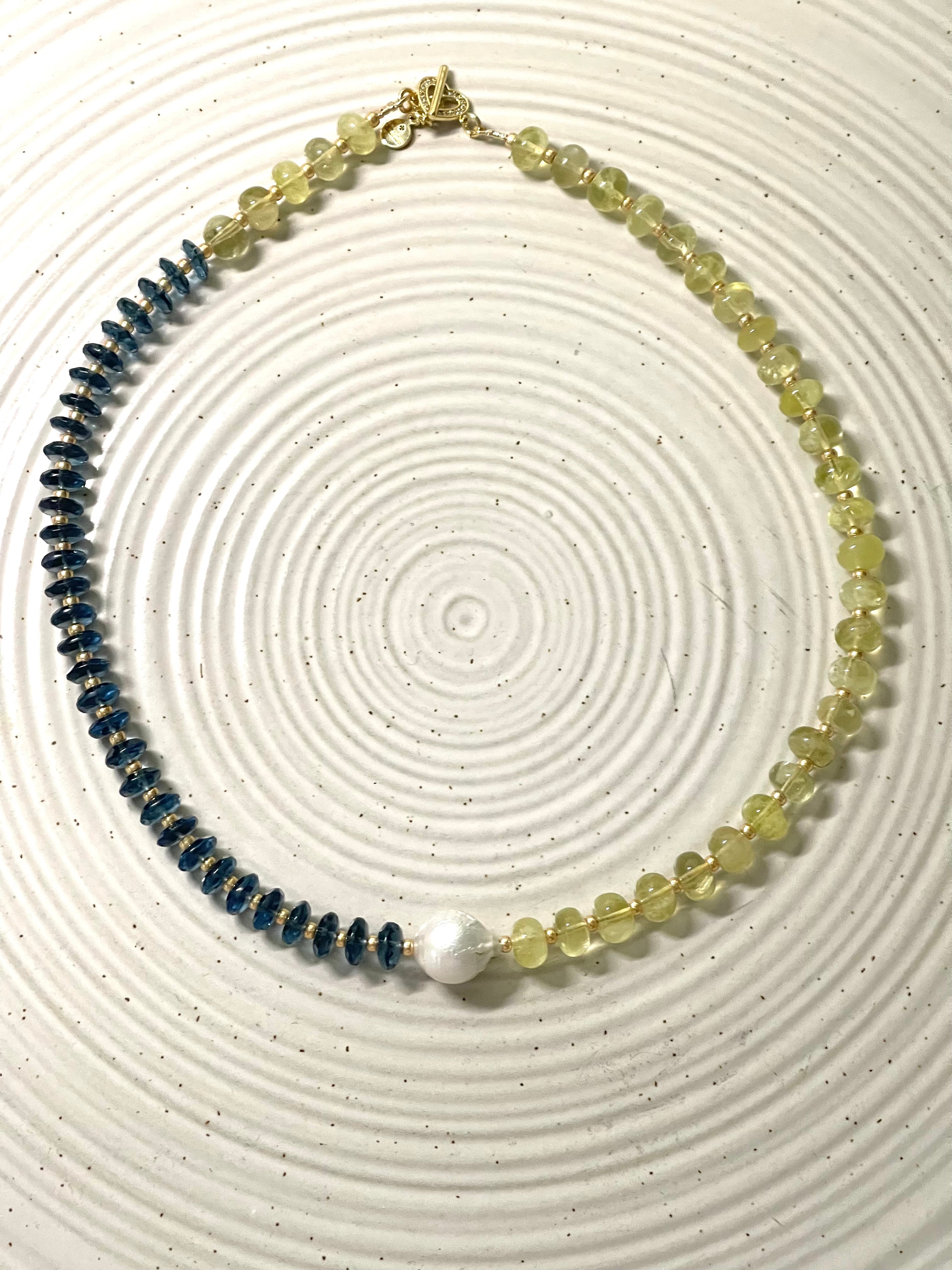 Lemon London Necklace: Lemon Quartz and London Blue Topaz Gemstone Beads Gold Accents Baroque Pearl Center OOAK