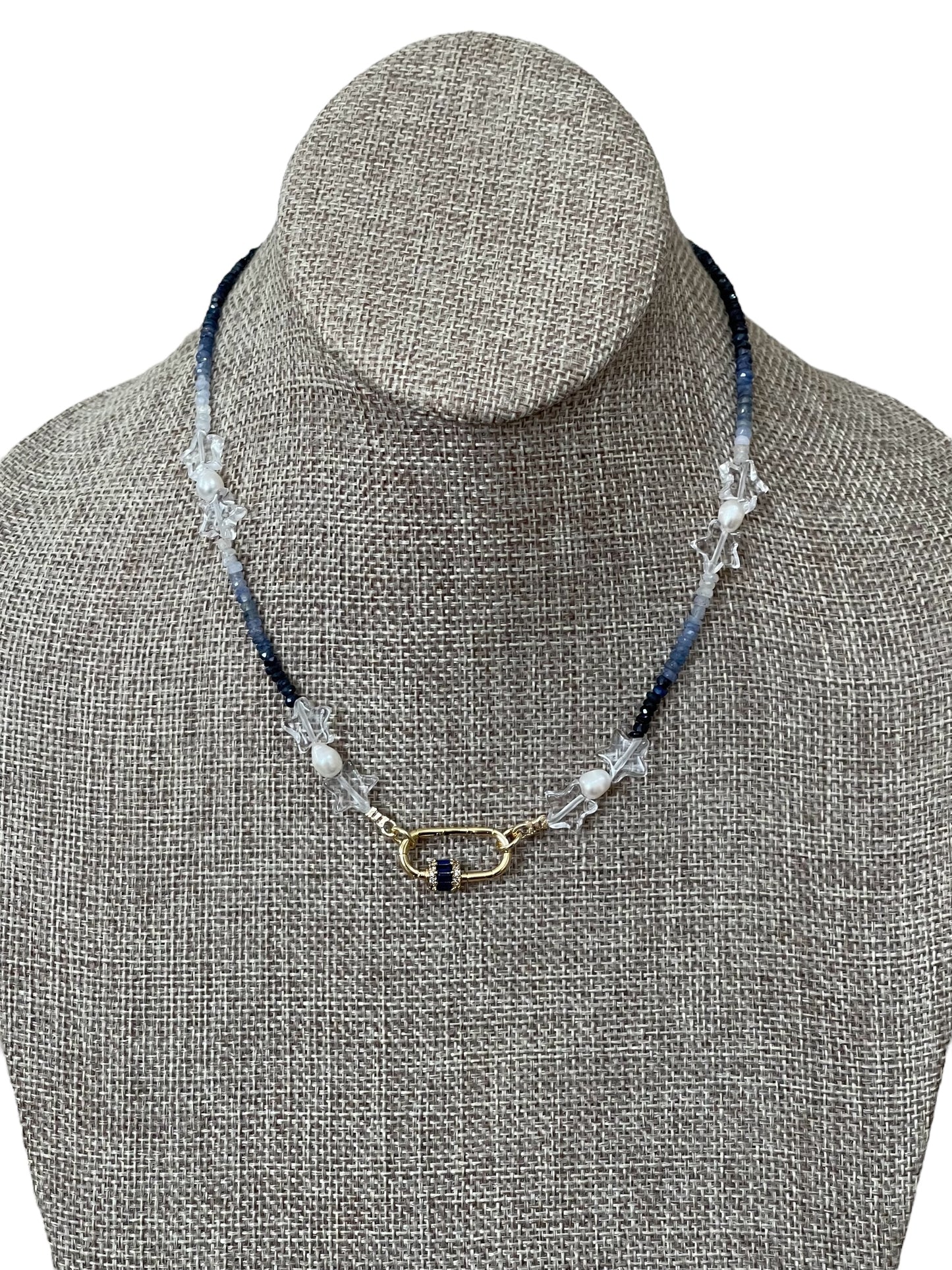 Starry Sky Necklace: Faceted Sapphire Gemstone beads in ombré pattern, Clear Quartz Stars, Freshwater Pearls, Gold clasp w blue CZ OOAK