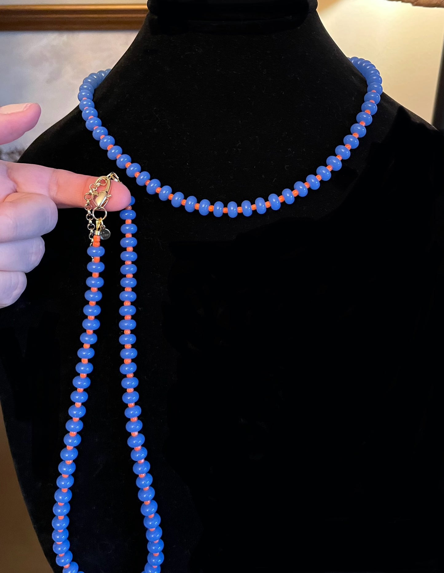 The Poppy Necklace: All glass colorful beads with a gold filled clasp and extender chain