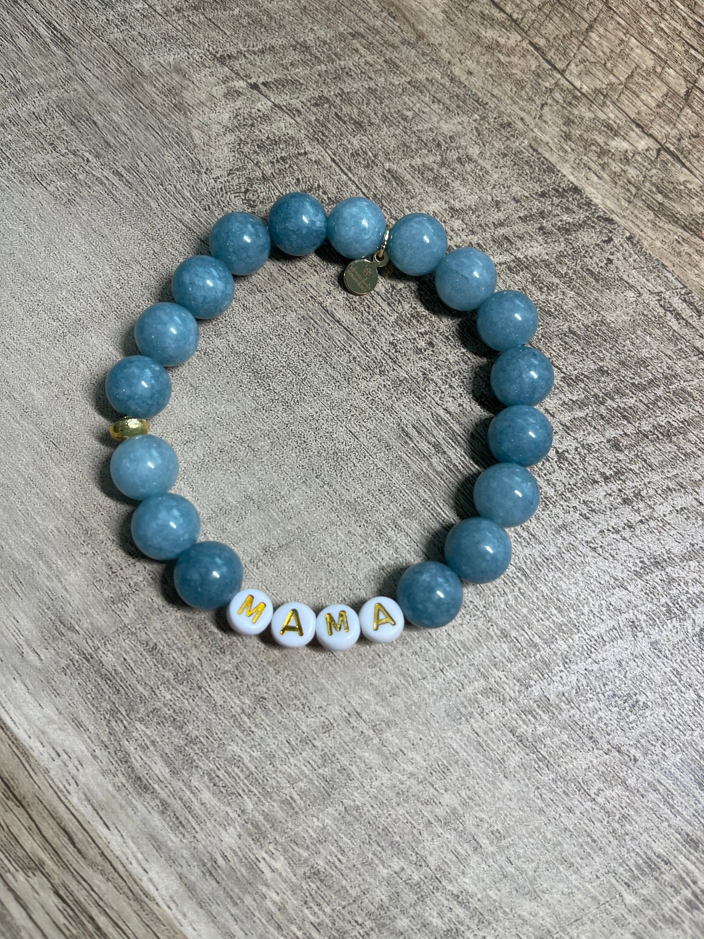 Mama & Mini Bracelets: Blue Jade round bead stretch bracelets Gold accents