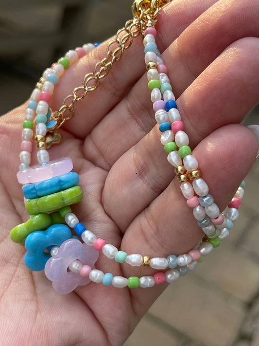 Candy Petals Necklace for Girls/Teens: Freshwater Pearls, Candy colored accents, Fun flower charms and gold clasp and extender