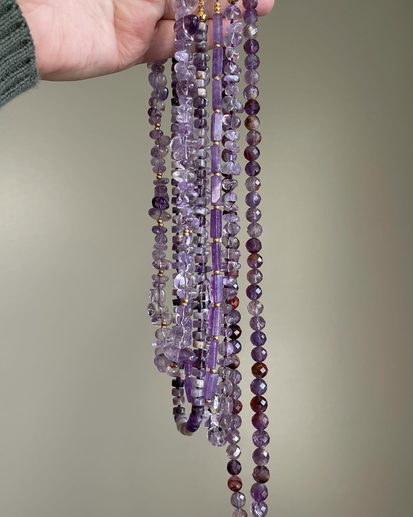 OOAK Hand-knotted Amethyst Nugget Style beaded Necklace on Purple Silk