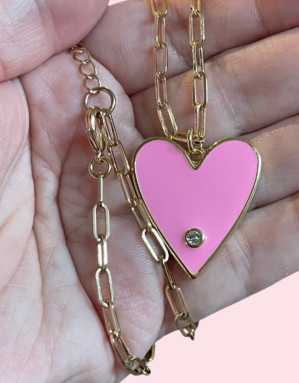 Pretty Paperclip Necklace: Gold Paperclip chain with gorgeous enameled heart pendant OOAK