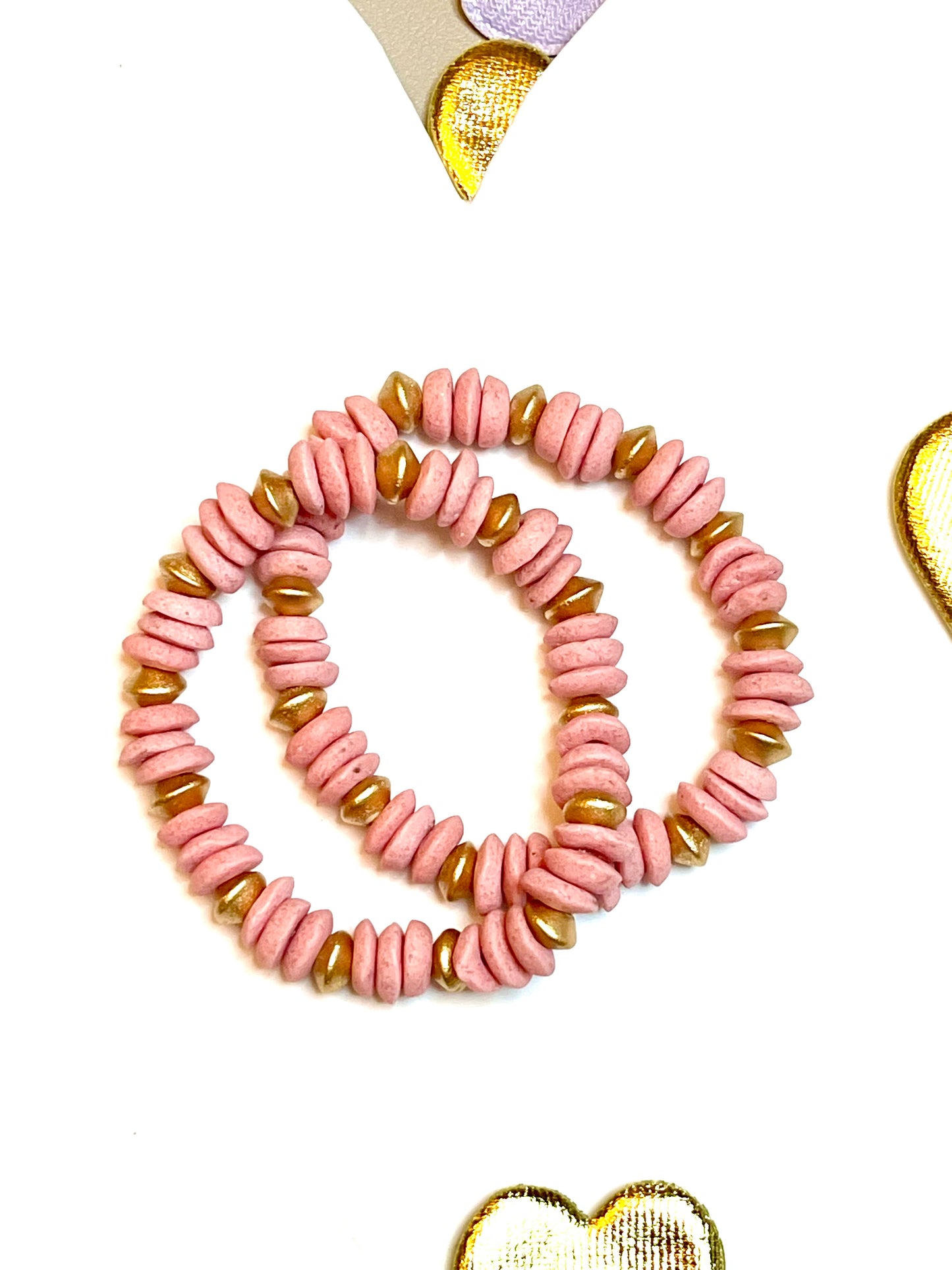 Boho Love: Pink Ashanti Glass Saucer Bead & Gold Wooden Bead Bracelet Stack (2)