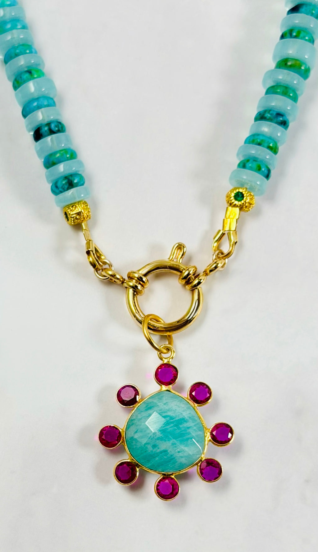 The Island Bloom Necklace: Aquamarine and Green Turquoise w/ an Amazonite pendant OOAK
