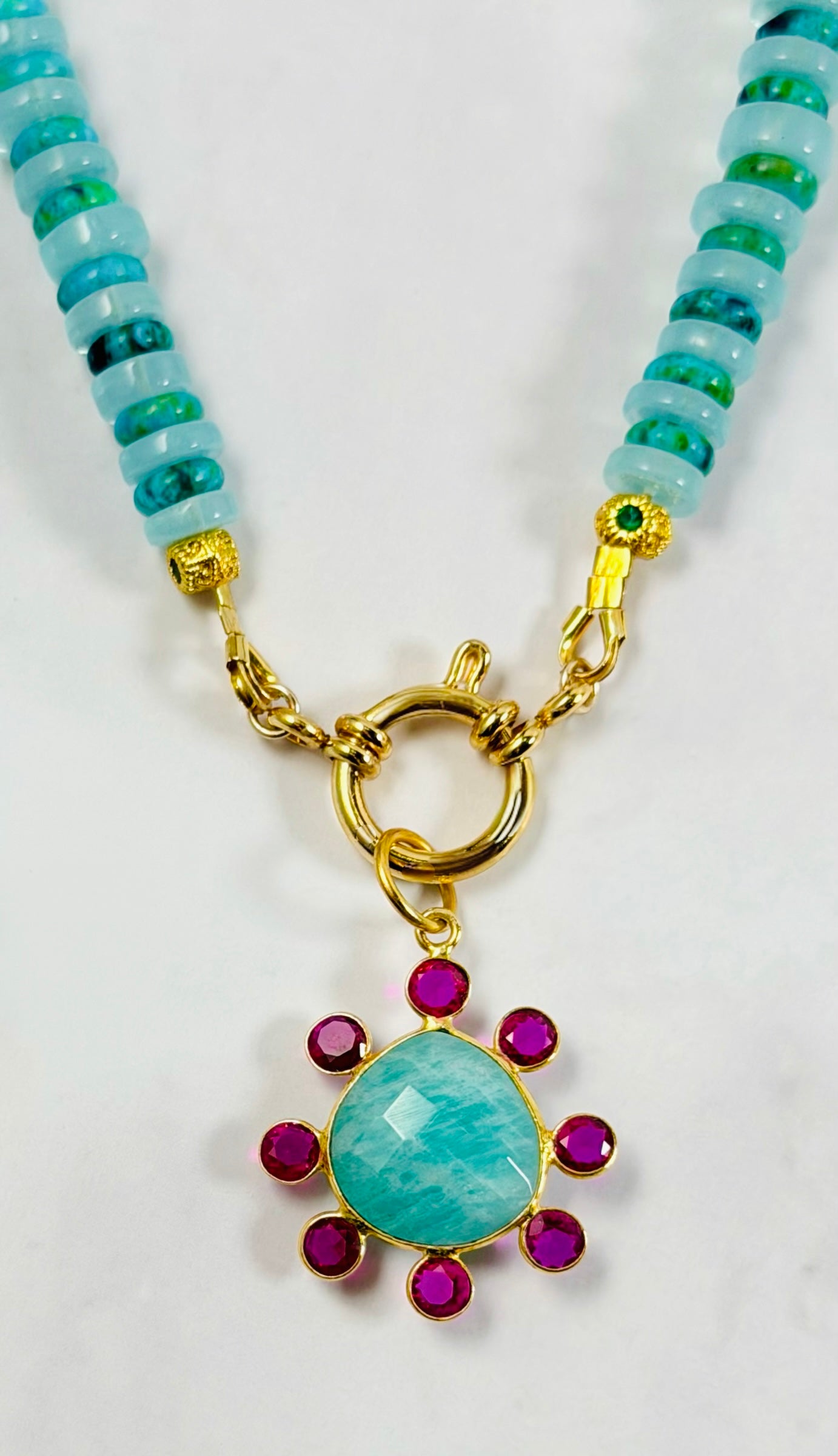 The Island Bloom Necklace: Aquamarine and Green Turquoise w/ an Amazonite pendant OOAK
