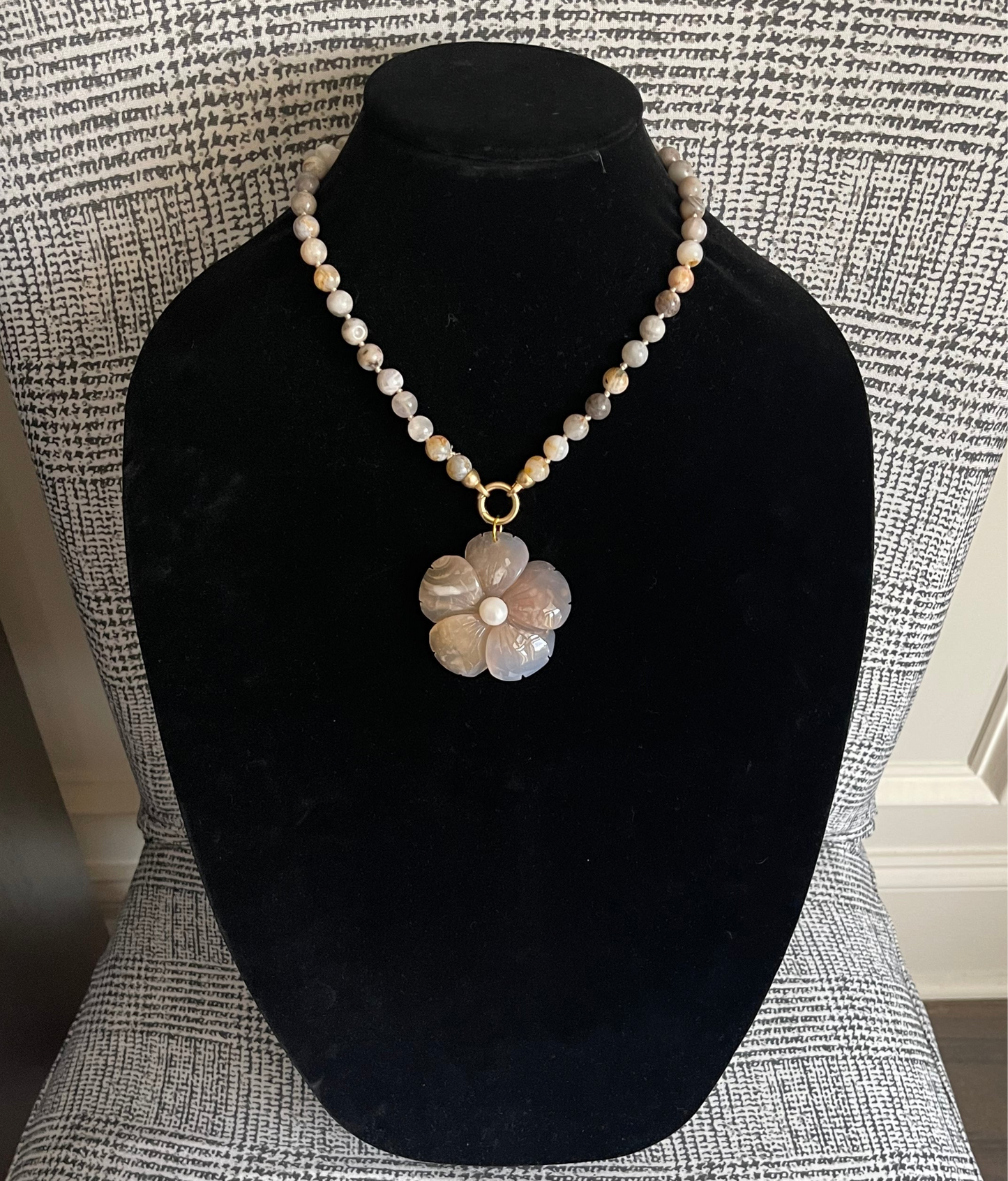 Waikiki Weekend Necklace: Bamboo Agate Hand Knotted w Flower Agate Hand Carved Pendant w Pearl