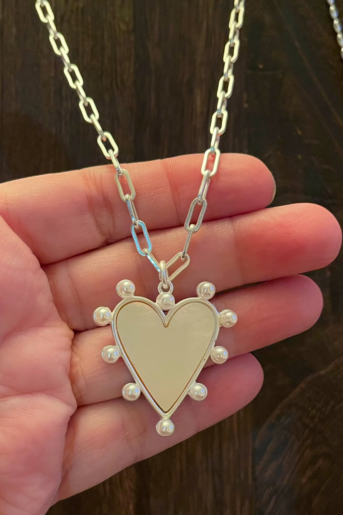 Silver Siren Necklace OOAK: Bright silver Paperclip chain with a stunning Pearl trimmed heart pendant with a mother of pearl center
