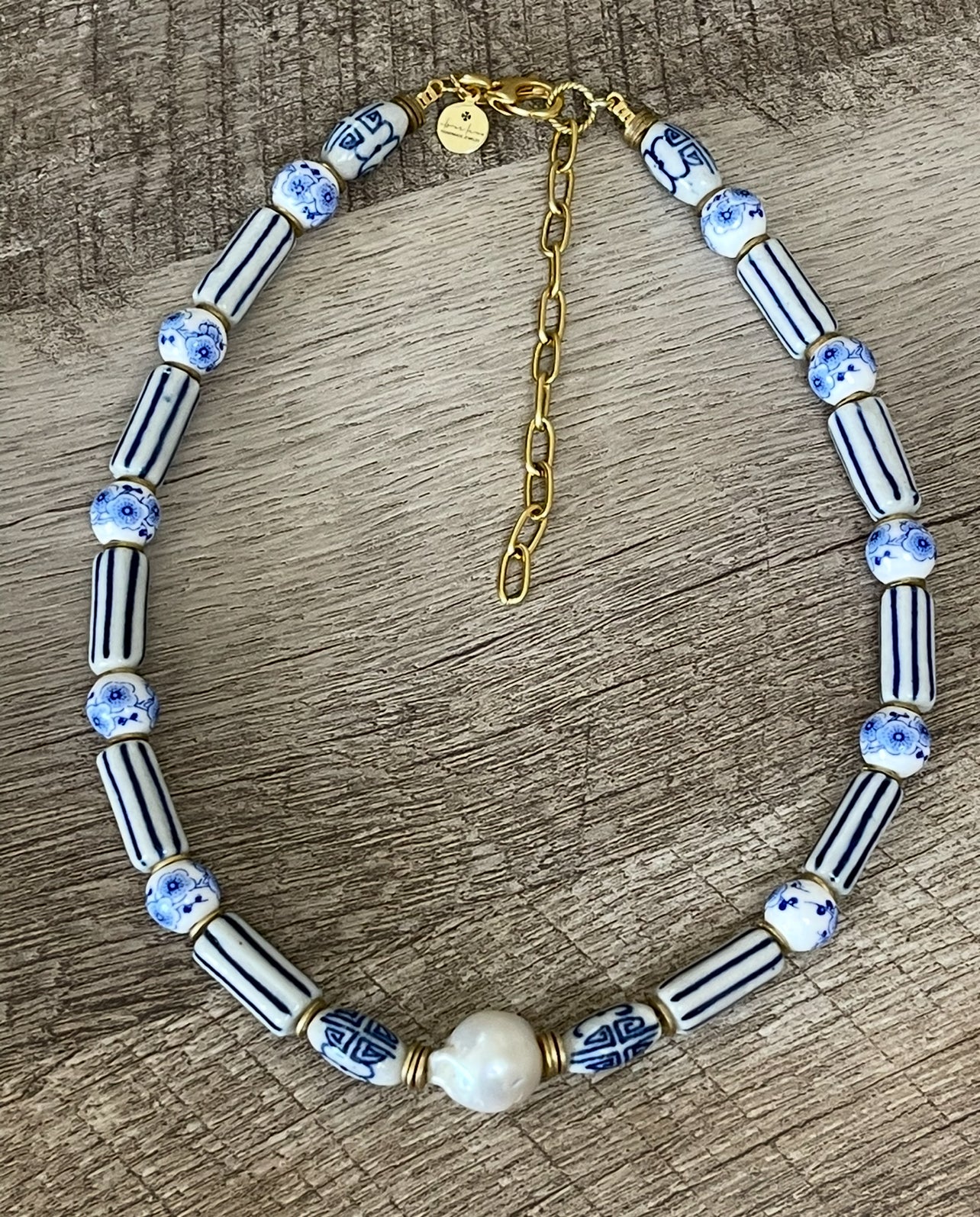 Chinoiserie Chic Necklace: Porcelain & Ceramic beads, 24k gold accents and clasp, Baroque Pearl center OOAK