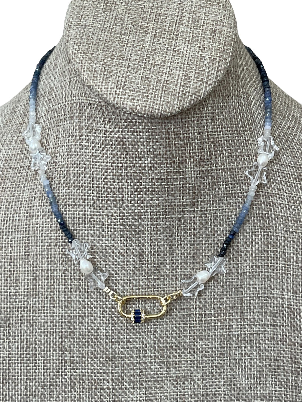 Starry Sky Necklace: Faceted Sapphire Gemstone beads in ombré pattern, Clear Quartz Stars, Freshwater Pearls, Gold clasp w blue CZ OOAK
