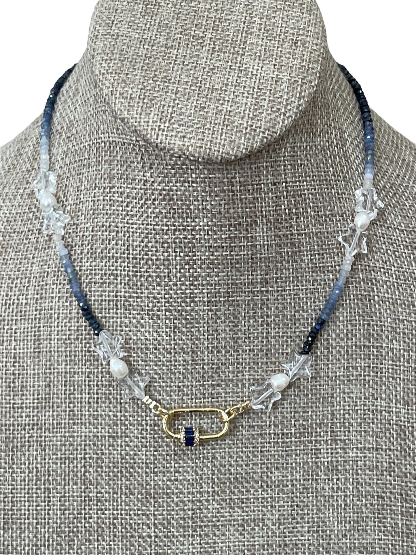 Starry Sky Necklace: Faceted Sapphire Gemstone beads in ombré pattern, Clear Quartz Stars, Freshwater Pearls, Gold clasp w blue CZ OOAK