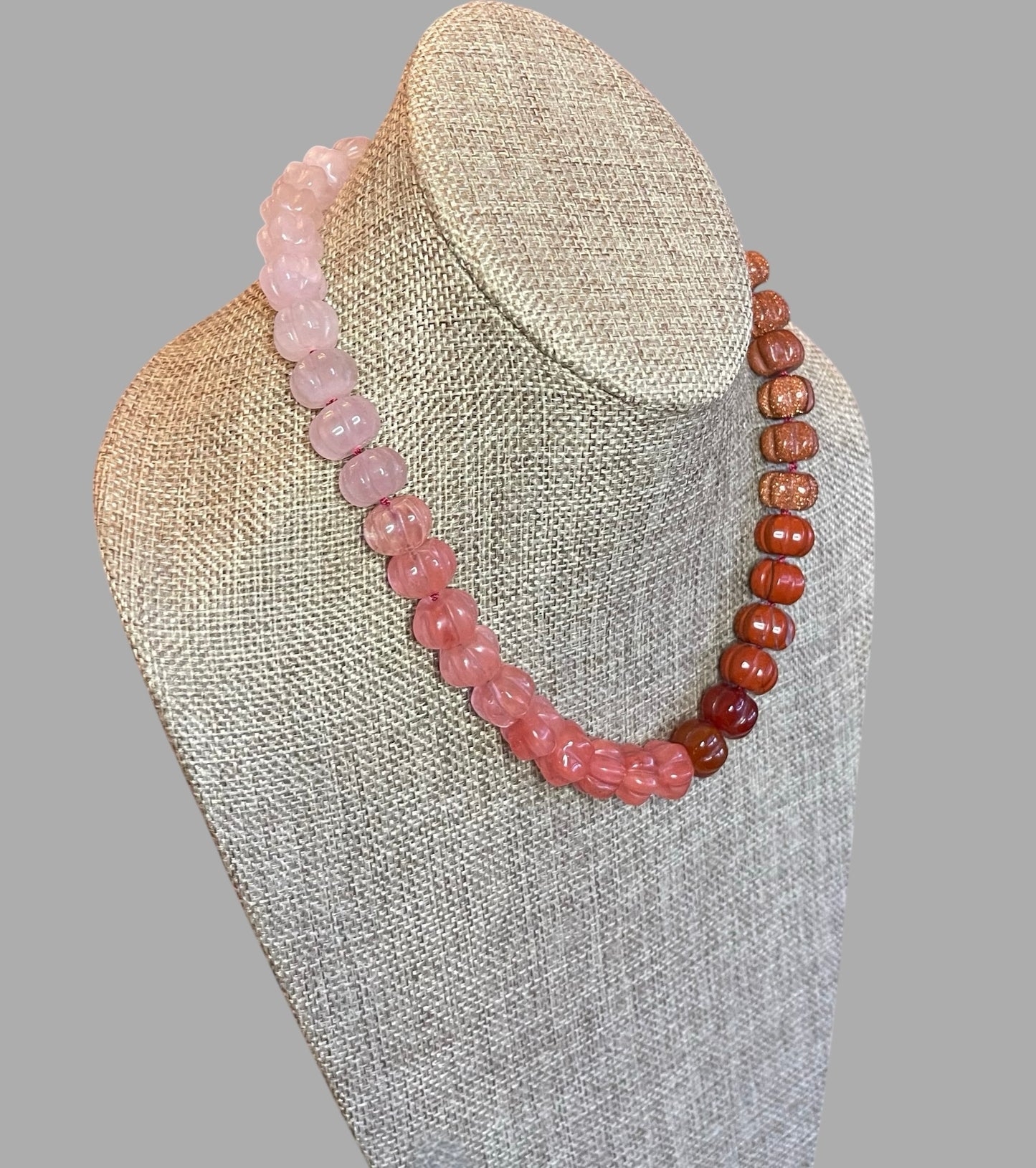 Ombré Roses Necklace OOAK: A stunning mix of hand-carved Gemstones, hand-knotted on pink silk