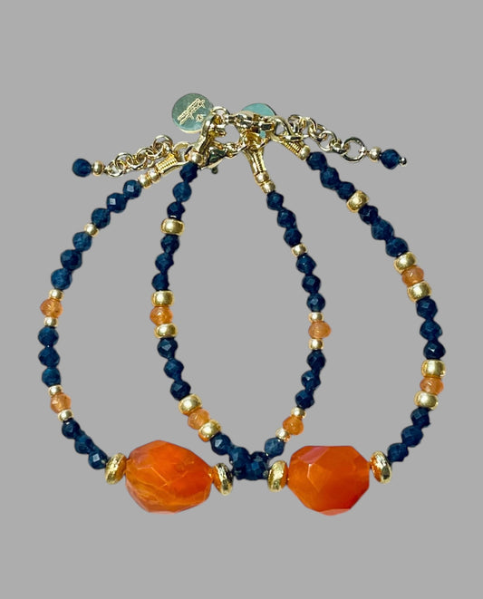 Fire & Twilight Bracelet~ Very Limited Edition: Faceted Sapphire beads Gold accent beads and a faceted Carnelian Centerpiece
