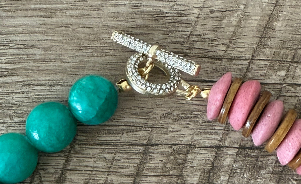Freshly Picked Necklace: Ashanti glass, wood and Jade with a gold pavé clasp