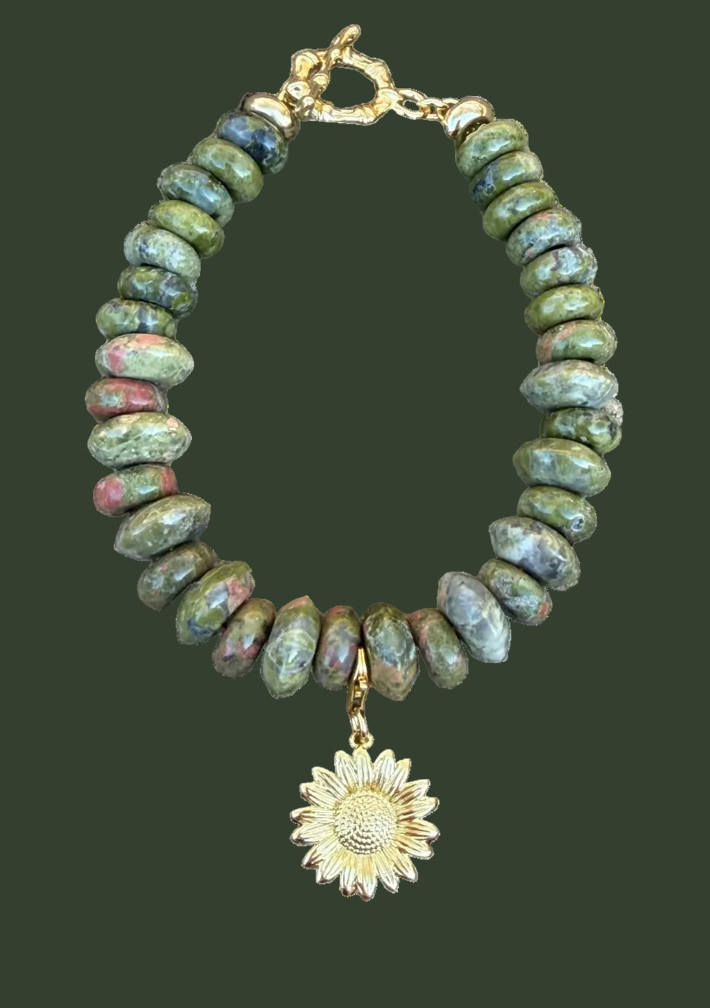 Unakite Gemstone Bead Bracelet w/ Removable Charm OOAK