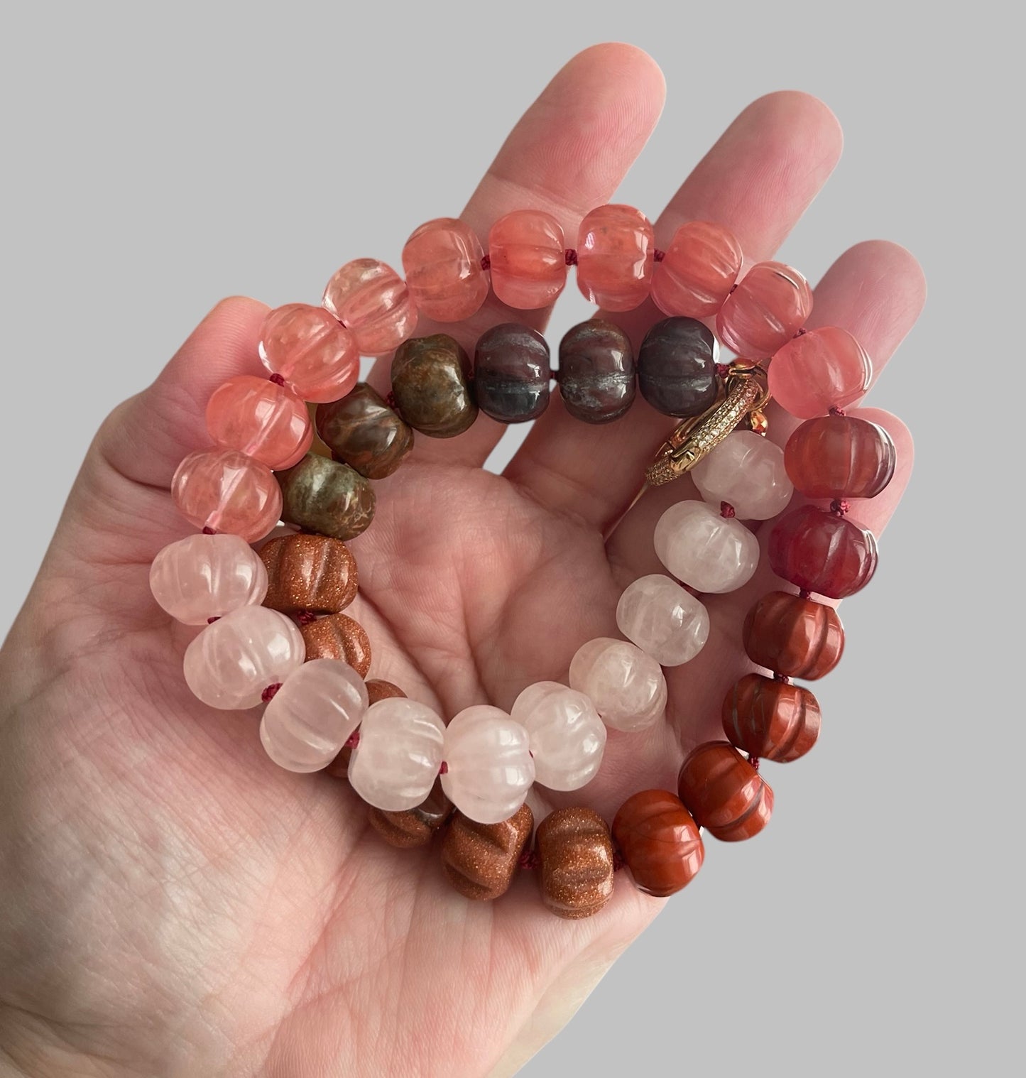 Ombré Roses Necklace OOAK: A stunning mix of hand-carved Gemstones, hand-knotted on pink silk