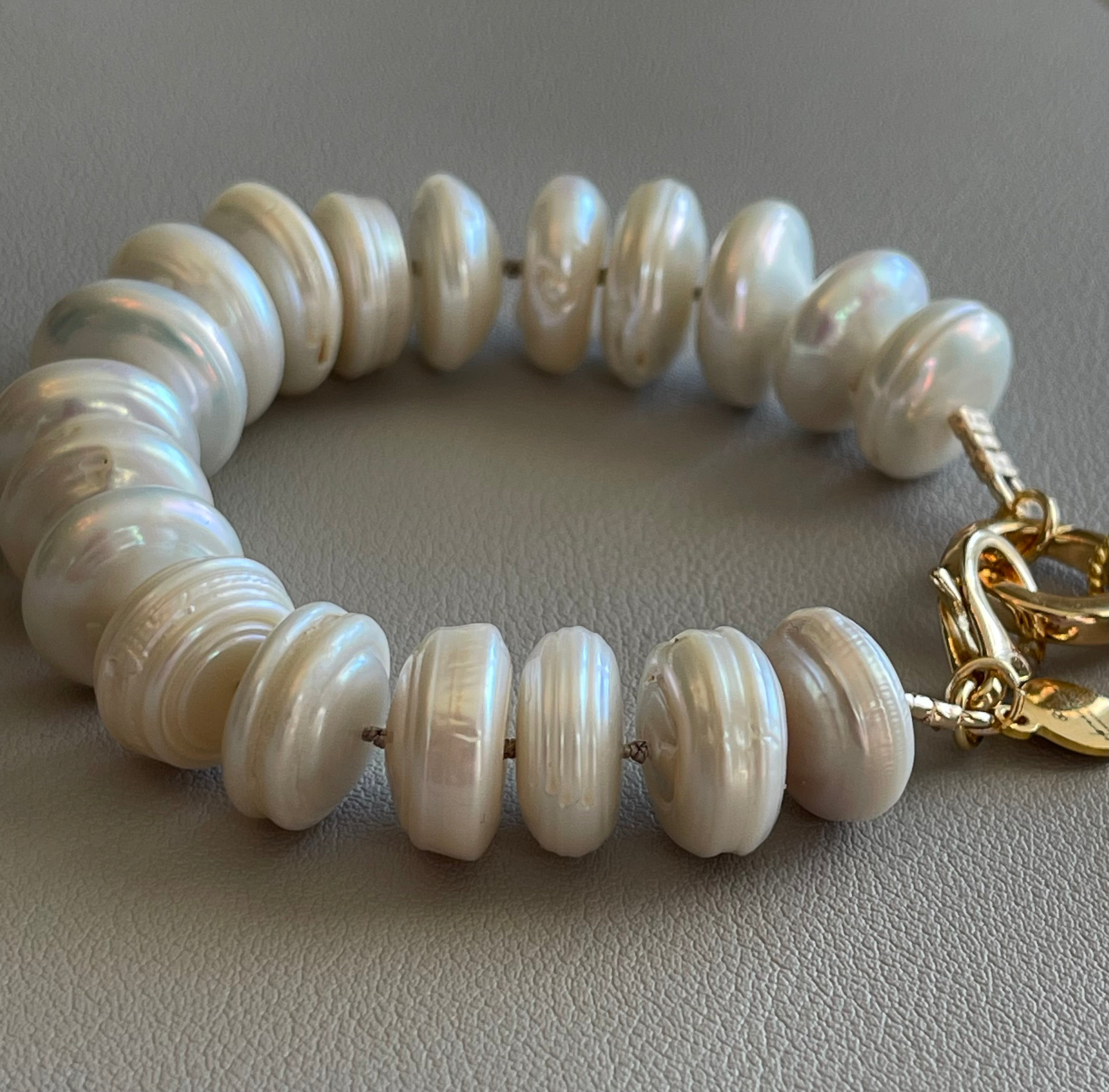 The Haven Bracelet: Coin shaped Pearls Hand-knotted on silk, Gold filled clasp/charm holder