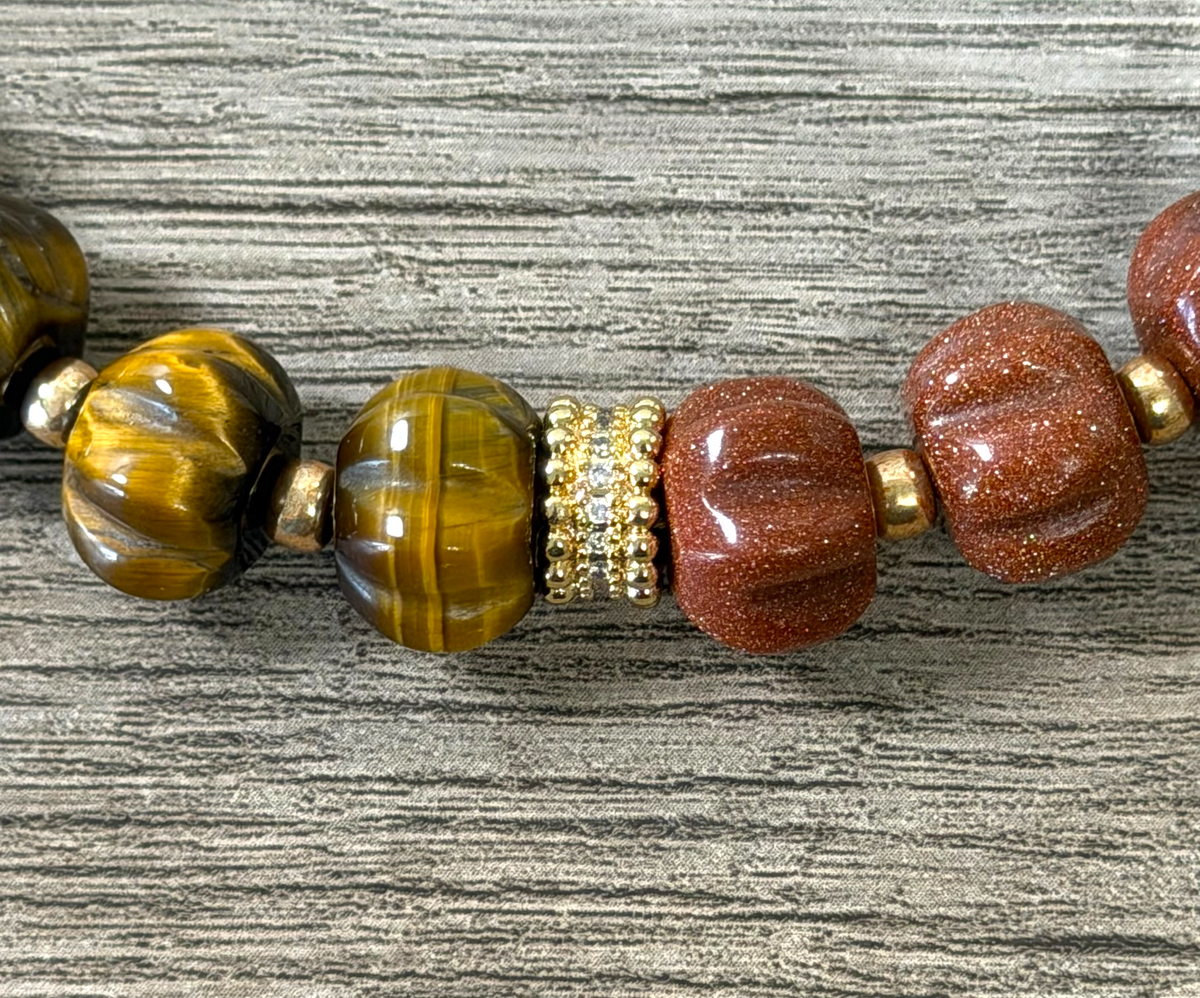 Autumn Afterglow: Carved Tiger Eye and Goldstone with gold and pavé accents OOAK