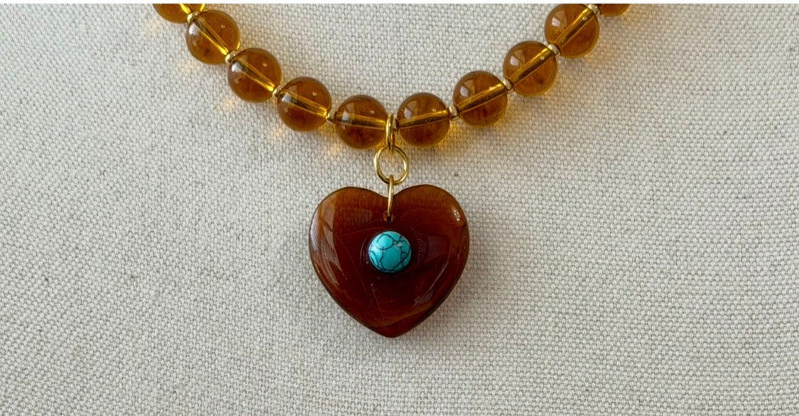 The Honeystone Heart Necklace: Glass beads & pendant with a turquoise center
