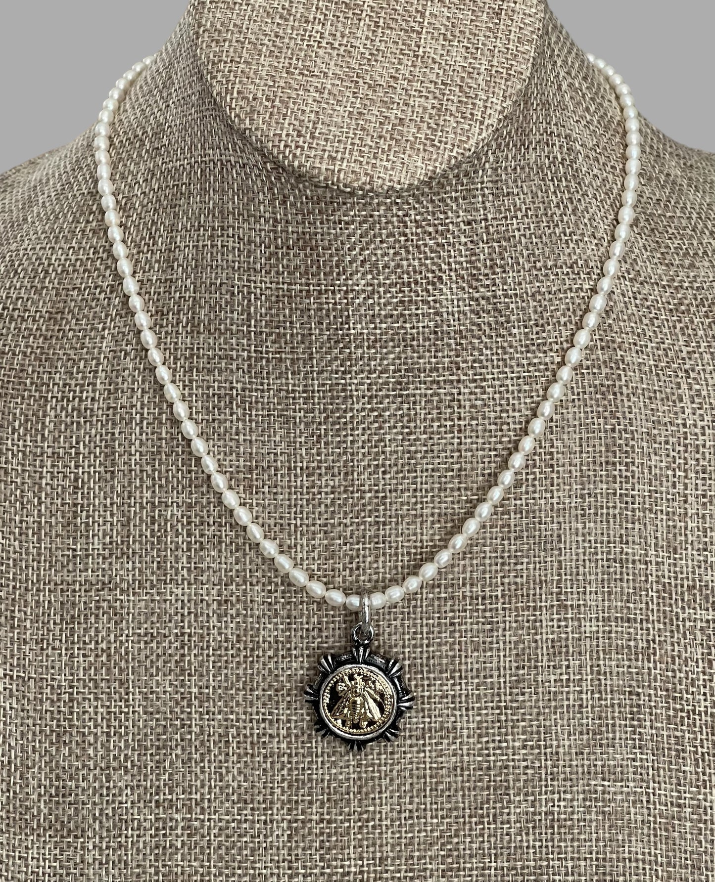 Bee Happy II Necklace: A Freshwater Pearl Necklace w a Silver/Gunmetal/Gold French Bee Coin Pendant