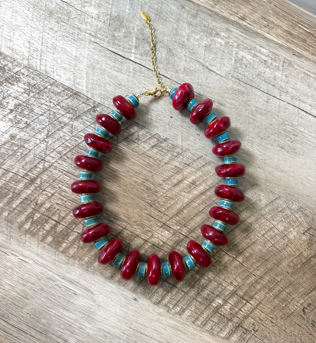 Crimson & Coast: Resin and Ceramic beads with gold brass accents and clasp