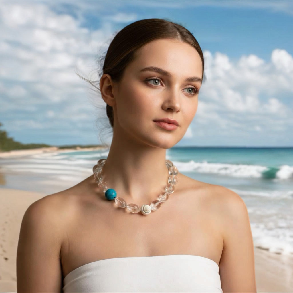The Ocean Ice Necklace: Clear Quartz with Shiva shell and Turquoise accent