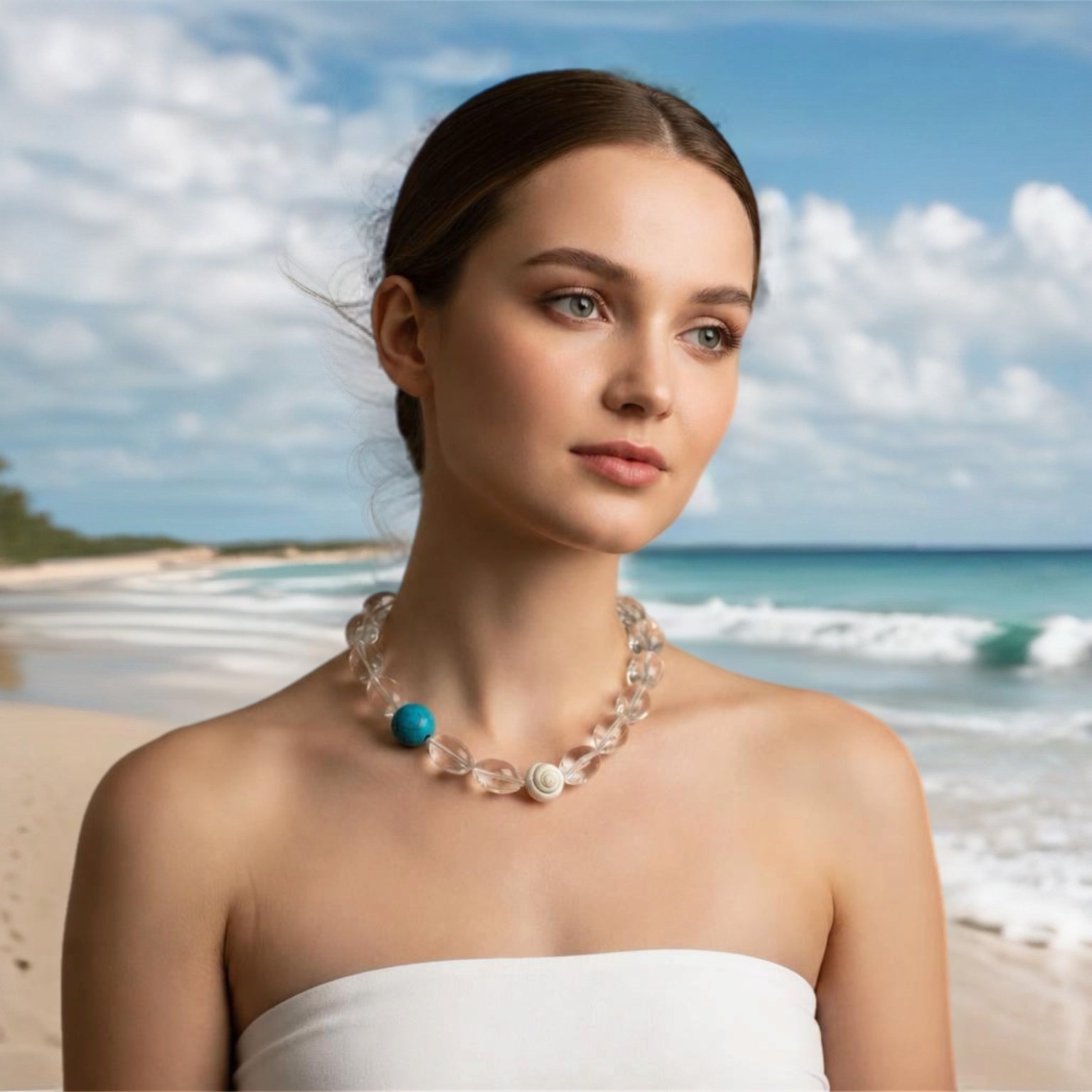 The Ocean Ice Necklace: Clear Quartz with Shiva shell and Turquoise accent