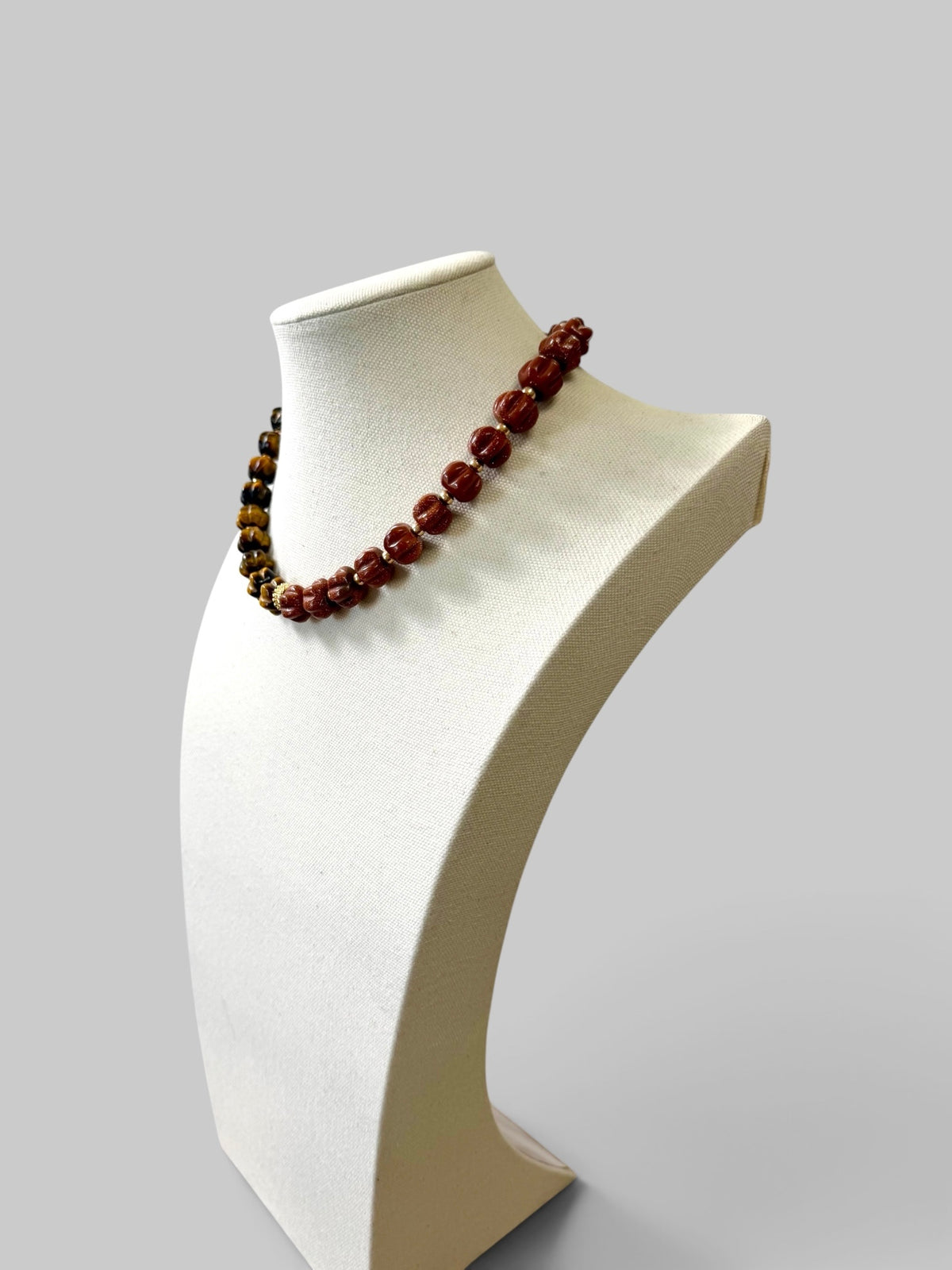 Autumn Afterglow: Carved Tiger Eye and Goldstone with gold and pavé accents OOAK