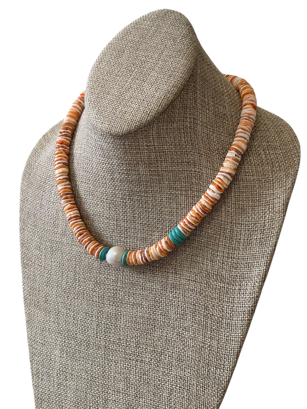 Baja Surf Necklace: Spiny Oyster Shell w Tuquoise (Howlite) and a Baroque Pearl Gold or Silver Clasp