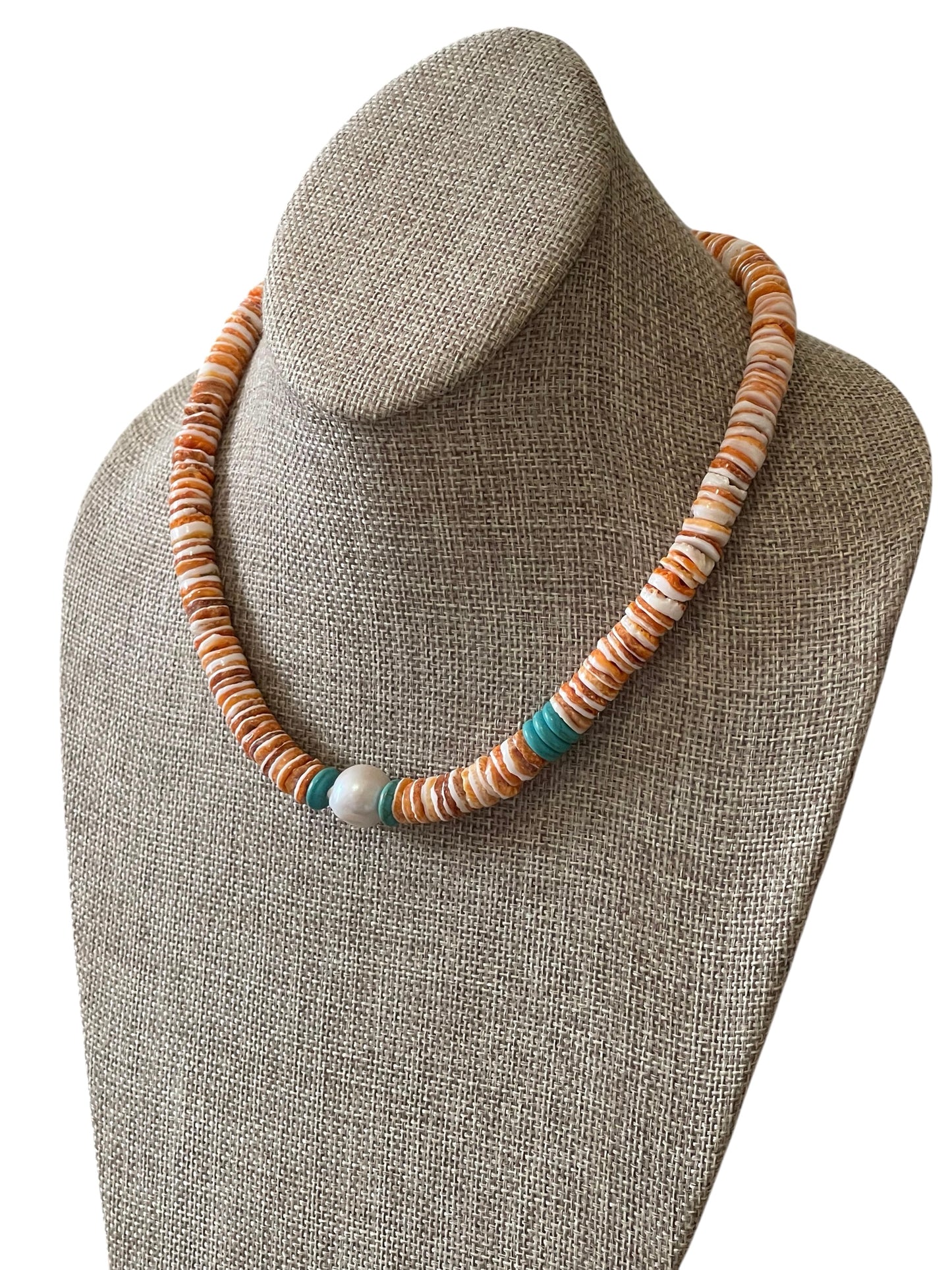 Baja Surf Necklace: Spiny Oyster Shell w Tuquoise (Howlite) and a Baroque Pearl Gold or Silver Clasp
