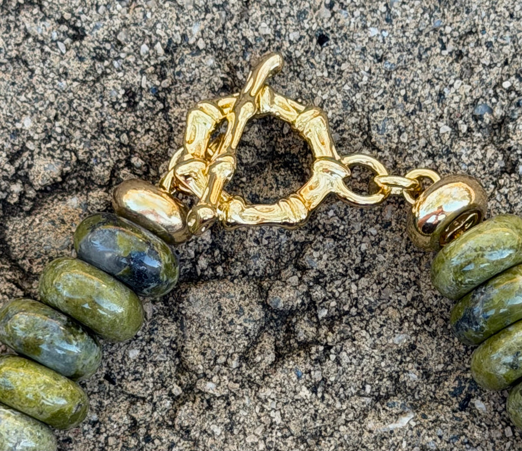 Unakite Gemstone Bead Bracelet w/ Removable Charm OOAK