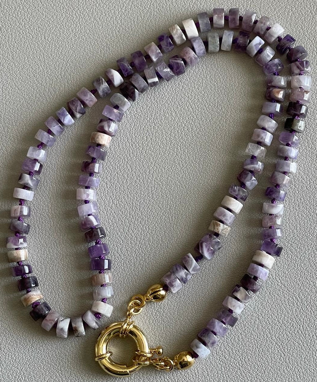 OOAK Raw Amethyst Tire Bead Necklace Hand-knotted