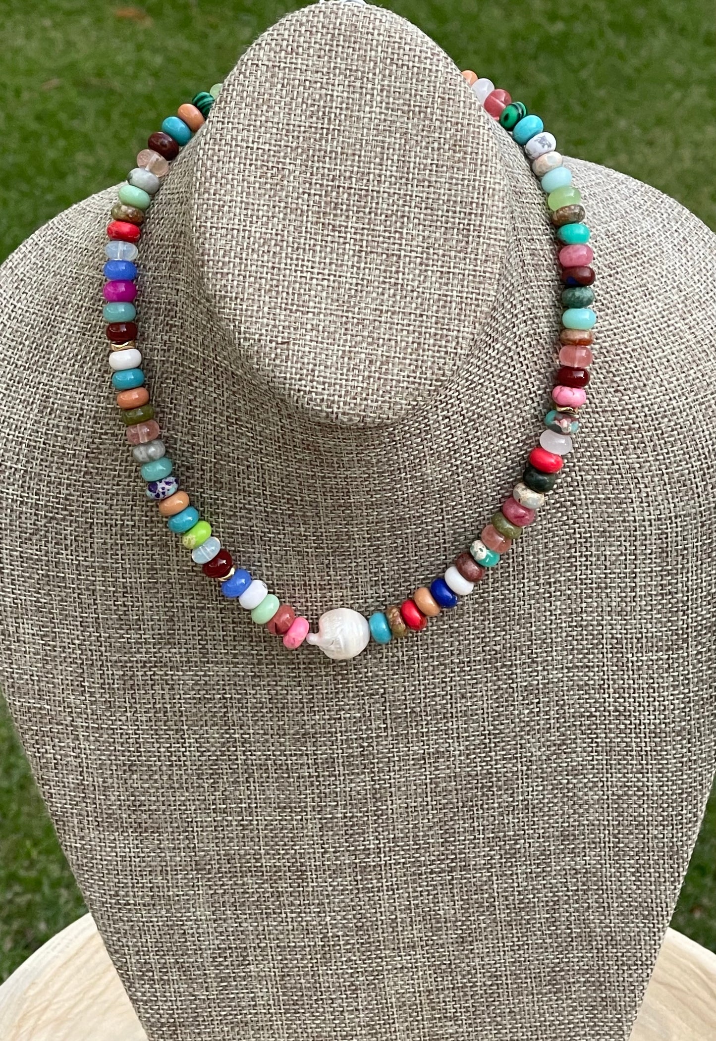Joie Necklace: Colorful Mix of Natural Gemstones Gold Accent Beads and a Freshwater Baroque Pearl 2 Bead Size Options 6mm or 8mm