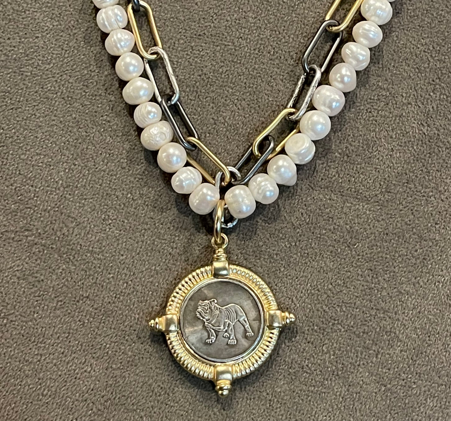 The Ugga Necklace: Pearl & Tri-tone chain (Gold Silver Gunmetal) with a beautiful gold and pewter Bulldog pendant, accented with hand-knotted authentic freshwater Pearls Lobster clasp