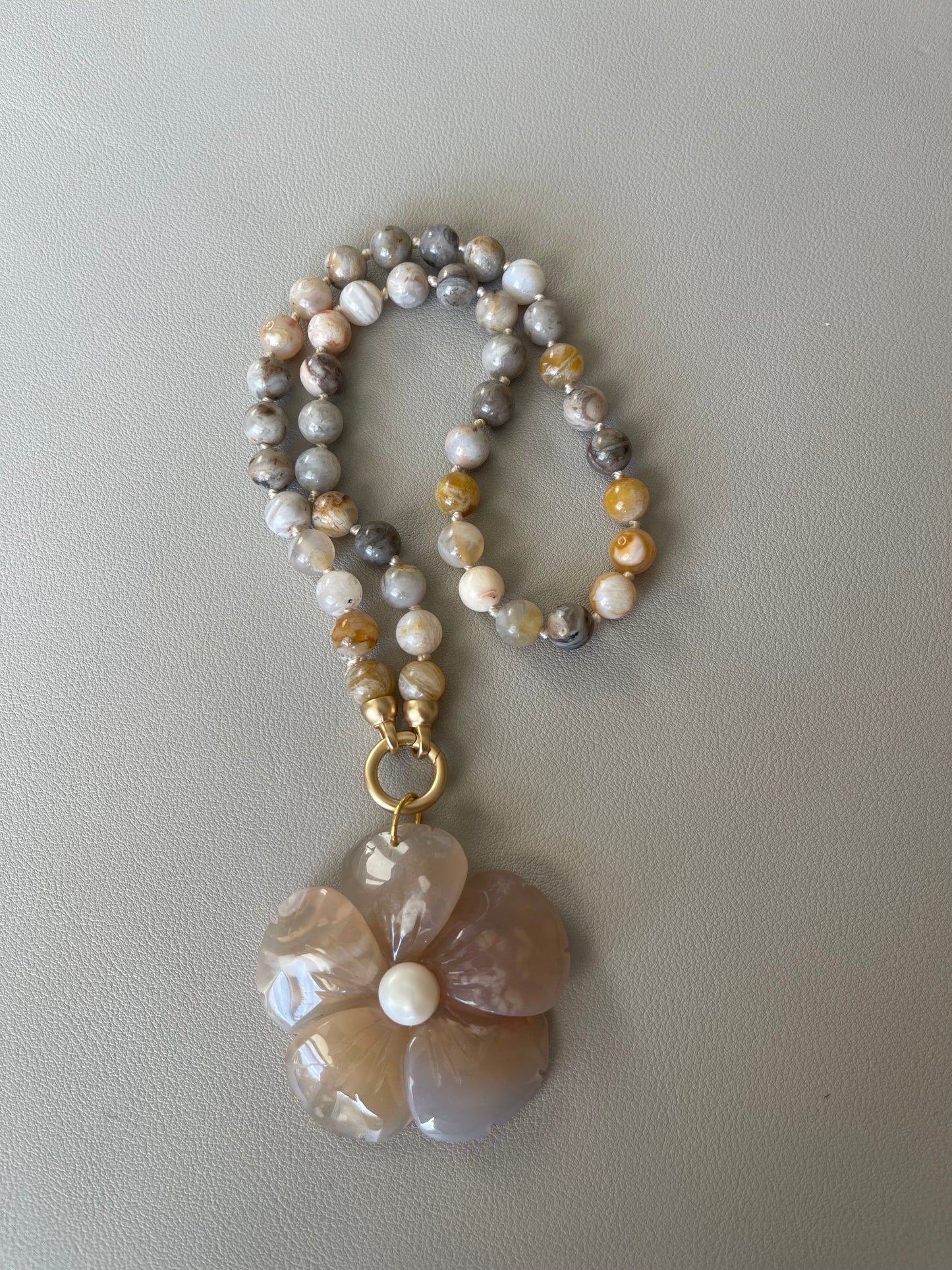 Waikiki Weekend Necklace: Bamboo Agate Hand Knotted w Flower Agate Hand Carved Pendant w Pearl