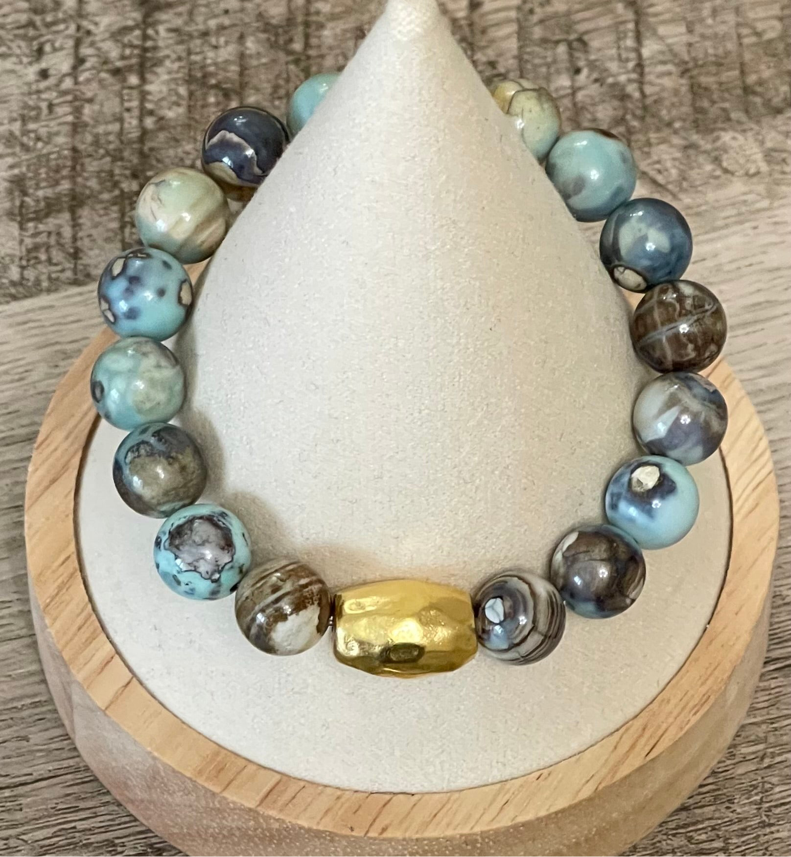 Painted Sky Stretch Bracelet: Blue Crazy Lace Agate beads with Gold hammered Artisan barrel bead