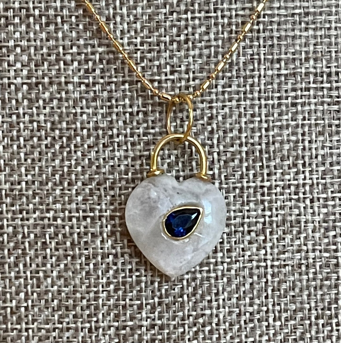 Moonlit Glow Necklace: Natural Moonstone Carved Heart Pendant w Blue CZ inset Gold Vermeil Chain OOAK