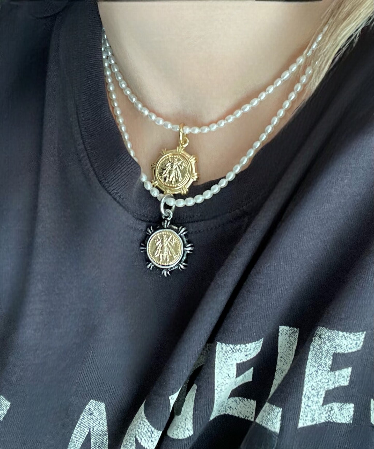 Bee Happy Necklace: Freshwater Pearls and a gold French bee coin replica pendant