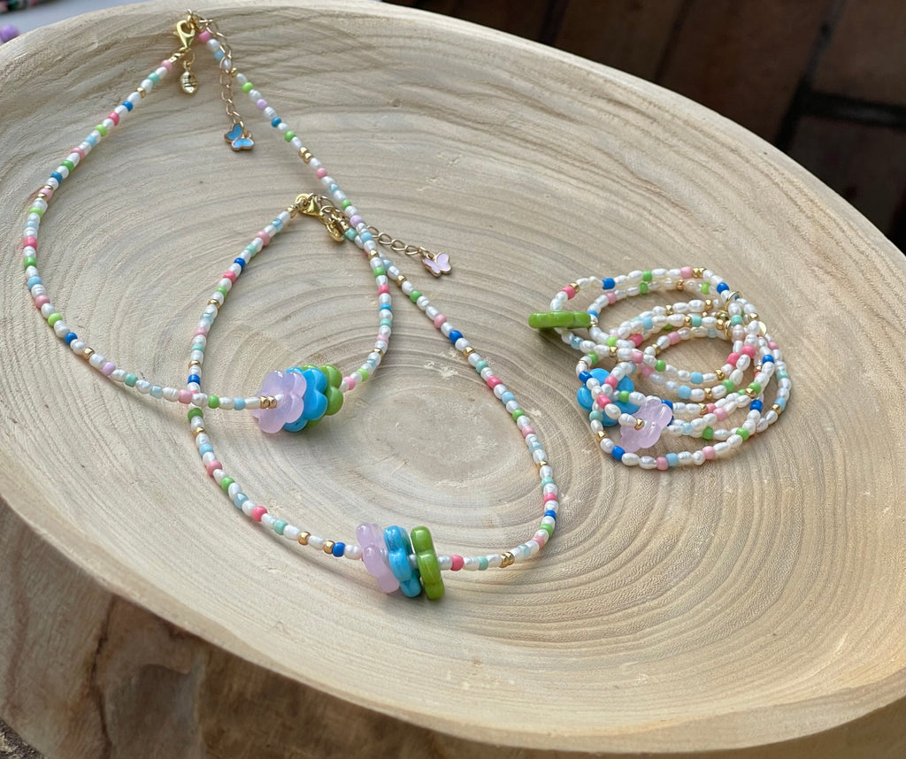 Candy Petals Bracelet Duo: Freshwater Pearls with candy colored accents 2 Stretch Bracelets Choose pink green or blue flower
