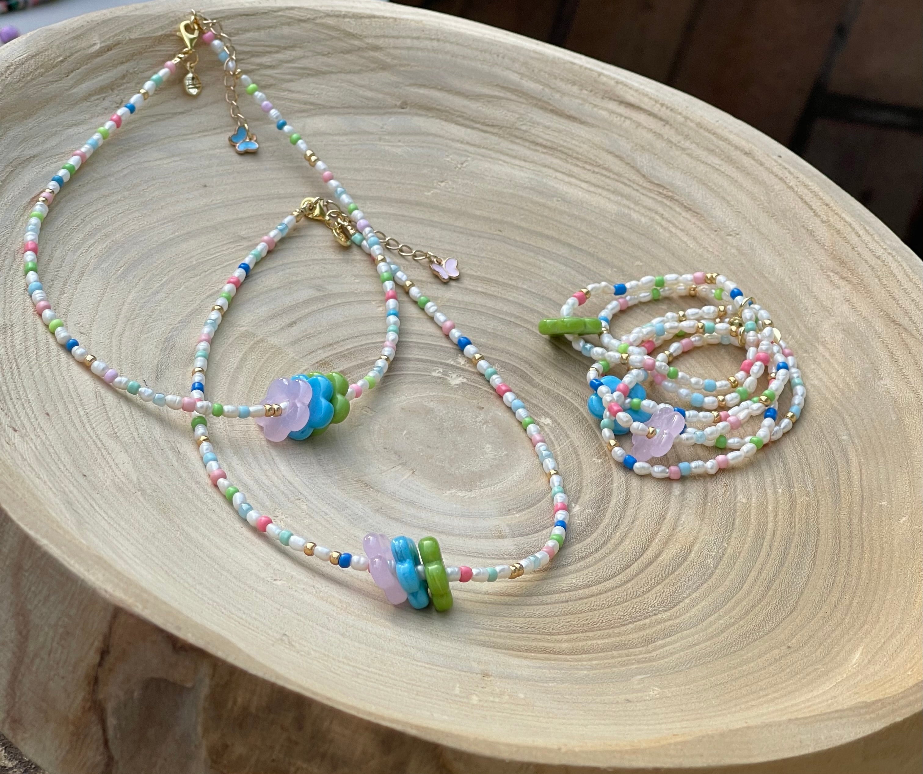 Candy Petals Bracelet Duo: Freshwater Pearls with candy colored accents 2 Stretch Bracelets Choose pink green or blue flower