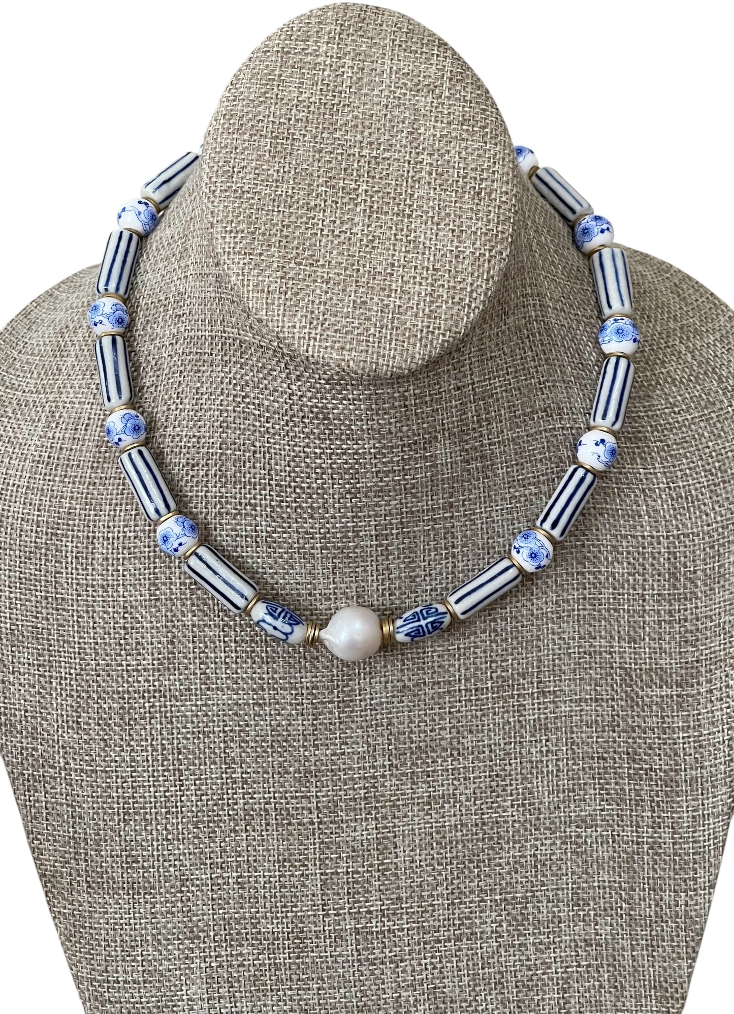 Chinoiserie Chic Necklace: Porcelain & Ceramic beads, 24k gold accents and clasp, Baroque Pearl center OOAK