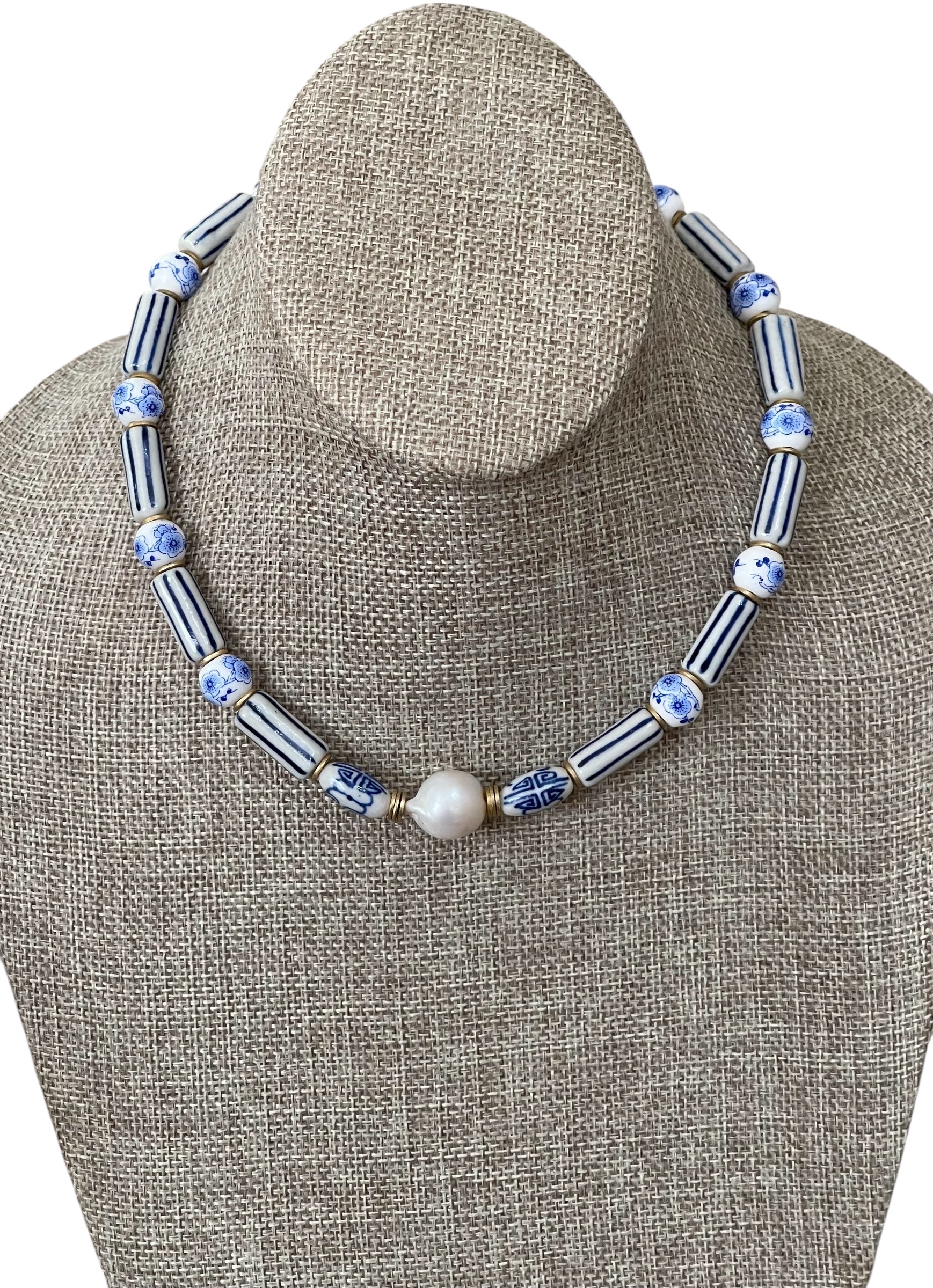 Chinoiserie Chic Necklace: Porcelain & Ceramic beads, 24k gold accents and clasp, Baroque Pearl center OOAK