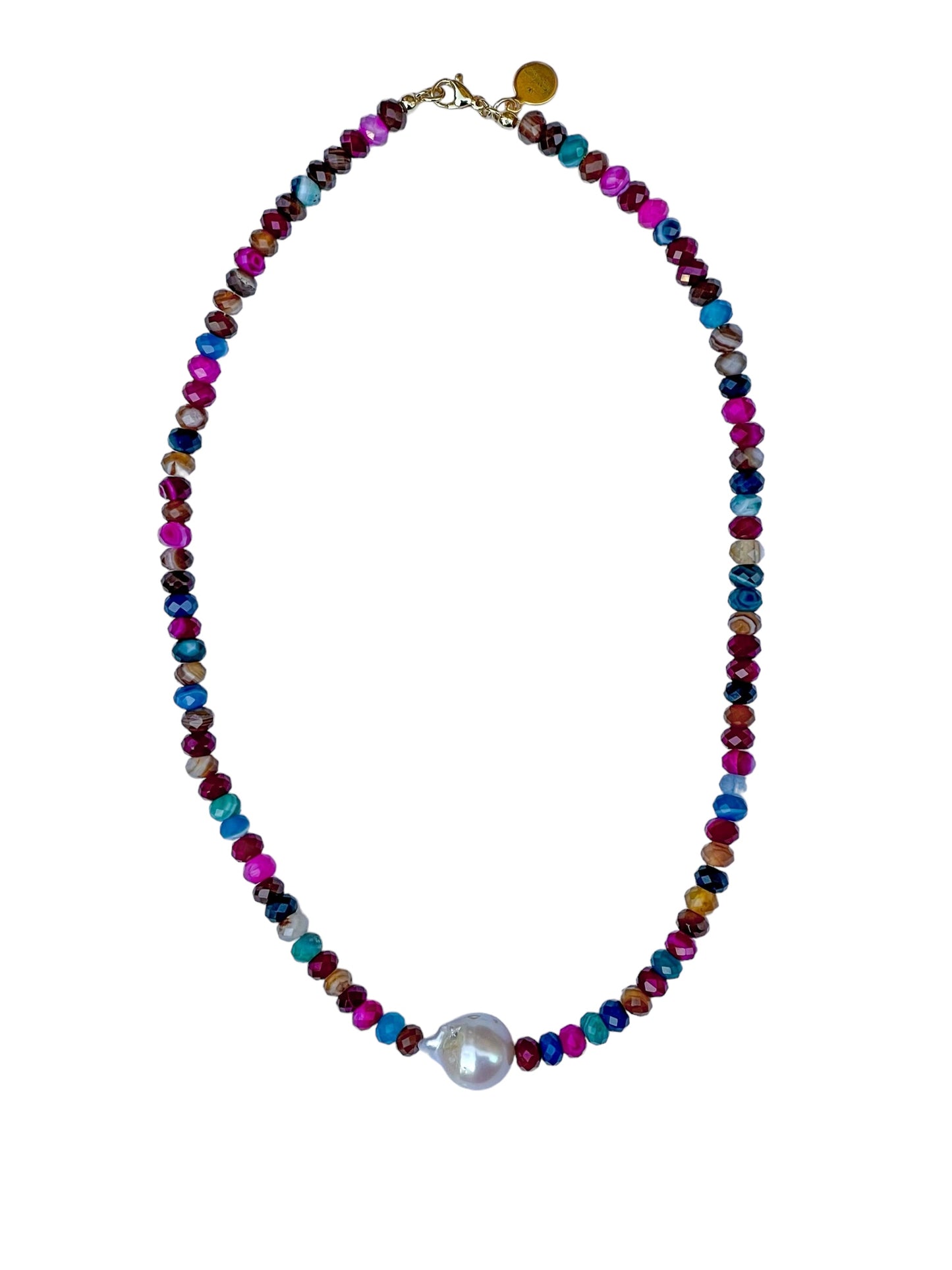 Jewel Toned Jen Necklace: African Mixed Banded Agate Diamond-Cut Beads with a Baroque Pearl Centerpiece