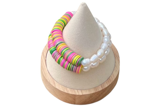 Double Take Bracelet: Freshwater Pearls Meet Fun Bright Phono Vinyl Beads Stretch Bracelet